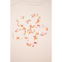 Beige Plus Size Flower Patched Side Slits Crewneck Top - 2X thumbnail
