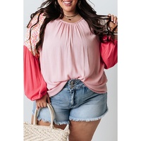 Pink Contrast Floral Patchwork Long Sleeve Plus Size Blouse - 2X thumbnail
