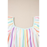 White Stripe Ruffled Sleeve Square Neck Plus Size Blouse - 1X thumbnail