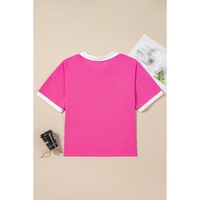Pink Contrast Trim Collared Split Neck Short Sleeve Plus Size Top - 2X thumbnail