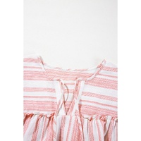Pink Stripe Plus Size Tassel Tie Frilled Detail Short Sleeve Blouse - 1X thumbnail
