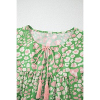 Green Plus Size Floral Tassel Tie Split Neck Puff Sleeve Blouse - 2X thumbnail