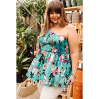 Green Plus Size Floral Smocked Bodice Single Puff Short Sleeve Babydoll Blouse - 2X thumbnail
