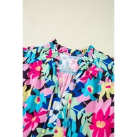 Blue Floral Flutter Sleeve Tied Notched Neck Plus Size Blouse - 2X thumbnail