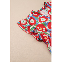 Red Plus Size Floral Print Ruffle Trim Split Neck Peplum Top - 1X thumbnail