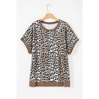 Khaki Leopard Contrast Trim Short Sleeve Loose Plus Size Top - 1X thumbnail