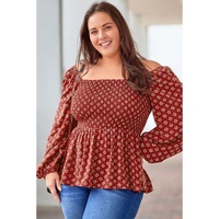 Red Plus Size Square Neck Printed Peplum Top - 2X thumbnail