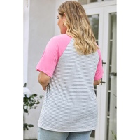 Stripe Leopard Patch Pocket Plus Size Raglan Sleeve Tee - 1X thumbnail