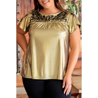 Gold Plus Size Floral Embroidered Short Sleeve Top - 1X thumbnail