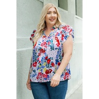 Red Plus Floral Print Ruffle Cap Sleeve V Neck Blouse - 1X thumbnail