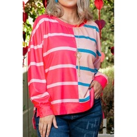 Rose Stripe Color Block Crewneck Long Sleeve Plus Size T Shirt - 3X thumbnail