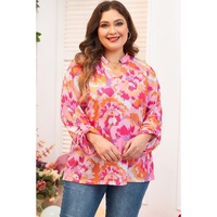 Pink Plus Size Abstract Floral Print V Neck Blouse - 2X thumbnail
