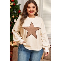 Beige Star Shape Studded Crew Neck Plus Size T Shirt - 3X thumbnail