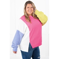 Rose Red Colorblock Patchwork Striped Puff Sleeve Plus Size Top with Slits - 2X thumbnail