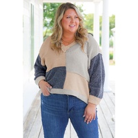 Ashleigh Blue Plus Size Textured Colorblock Patchwork V Neck Top - 4X thumbnail