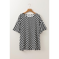 Black Checkered Print Side Slits O Neck Plus Size T Shirt - 3X thumbnail