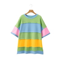 Light Blue Color Block Exposed Seam Patchwork Plus Size T Shirt - 2X thumbnail