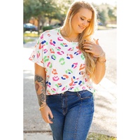 White Multicolor Leopard Print Textured Plus Size T Shirt - 1X thumbnail