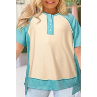 Mint Green Color Block Raglan Sleeve Buttoned Plus Size T Shirt - 2X thumbnail
