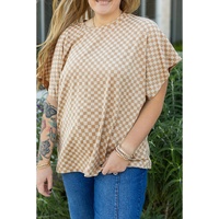 Khaki Checkerboard Short Batwing Sleeve Round Neck Plus Size T Shirt - 1X thumbnail