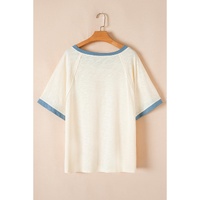 Beige Raw Seam Contrast Color Patchwork Plus Size Top - 1X thumbnail