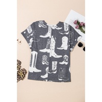 Gray Plus Size Western Boots Print Crew Neck T Shirt - 4X thumbnail
