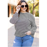 Black Stripe Drop Shoulder Puff Long Sleeve O Neck Plus Size T Shirt - 1X thumbnail