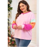 Pink Colorblock Patchwork Long Sleeve Plus Size Top - 1X thumbnail