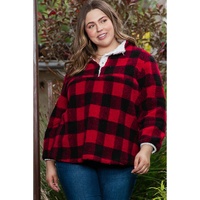 Red Plus Size Buffalo Plaid Sherpa Henley Sweatshirt - 3X thumbnail