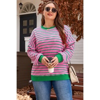 Pink Stripe Waffle Knit Crew Neck Plus Size Sweatshirt - 1X thumbnail