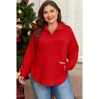 Tomato Red Cable Textured Quarter Zip Pocketed Plus Size Pullover - 1X thumbnail