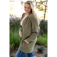 Seagrass Waffle Knit Drop Shoulder Open Front Pocketed Plus Size Cardigan - 4X thumbnail
