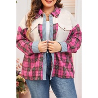 Red Plaid Print Waffle Knit Patchwork Plus Size Shirt - 2X thumbnail
