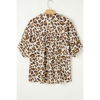 Khaki Plus Size Leopard Print Short Sleeve Buttoned Shirt - 3X thumbnail