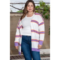 Beige Plus Size Striped Dropped Shoulder Sweater Cardigan - 3X thumbnail
