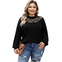Black Plus Size Ribbed Knit Lace Splicing High Neck Sweater - 2X thumbnail