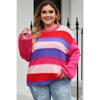 Pink Plus Size Striped Knit Pompom Puff Sleeve Sweater - 2X thumbnail