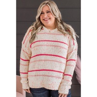 Pink Stripe Drop Shoulder Side Split Plus Size Sweater - 4X thumbnail
