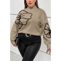 Dark Khaki Plus Size Big Flower Pattern High Neck Drop Shoulder Sweater - 3X thumbnail