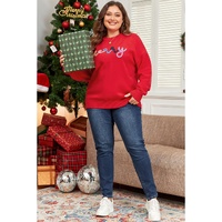 Fiery Red Tinsel merry Pattern Drop Shoulder Plus Size Sweater - 2X thumbnail