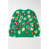 Green Plus Size Floral Knitted Ribbed Edge Drop Shoulder Sweater - 2X thumbnail