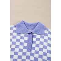Purple Checkered Collared Buttons Plus Size Sweater - 3X thumbnail
