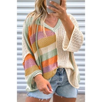 Beige Pointelle Knit Colorblock Patchwork V Neck Hooded Plus Sweater - 1X thumbnail