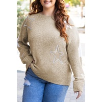 Khaki Star Pattern Drop Shoulder Plus Size Sweater - 1X thumbnail