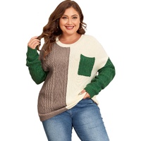 Mist Green Plus Size Cable Knit Color Block Drop Shoulder Sweater - 2X thumbnail