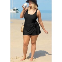 Black Solid Color Square Neck Knotted Plus Size One Piece Swimsuit - 1X thumbnail