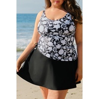 Black Plus Size Printed Square Neck Drawstring Ruffled Tankini Set - 1X thumbnail