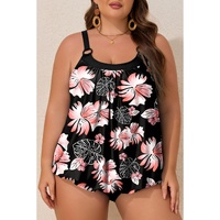 Black 2pcs Plus Size Wide Strap Floral Top Tankini Set - 3X thumbnail