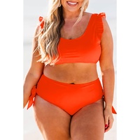 Orange Ruffled Trim Knotted High Waist Plus Size Bikini Set - 1X thumbnail