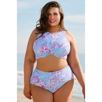 Sky Blue Plus Size Floral Print Twisted High Waist Bikini Set - 4X thumbnail